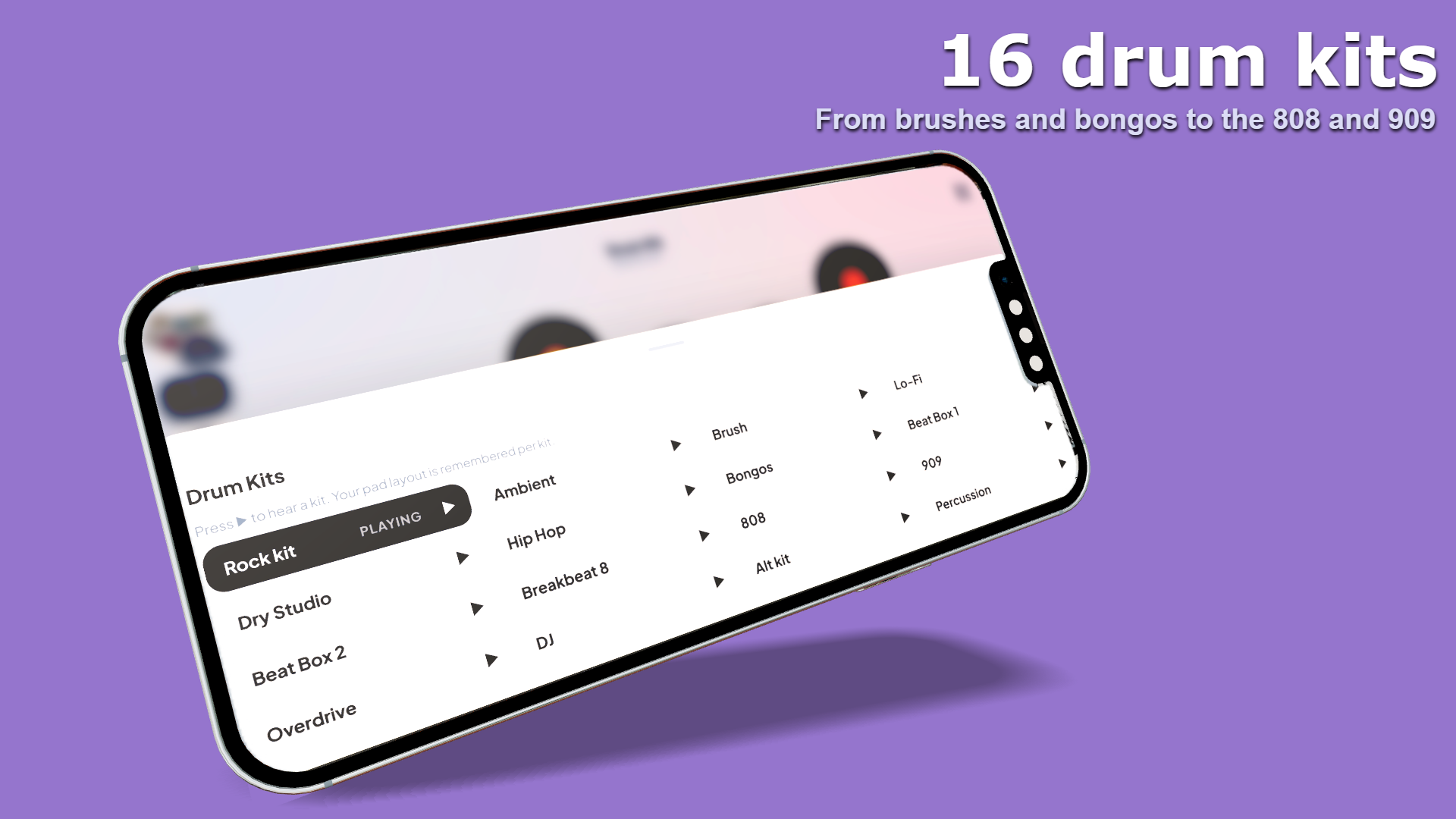Drum Kit app: sixteen drum kits from brushes and bongos to the 808 and 909