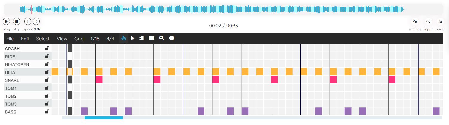 Online MIDI editor interface for creating and editing drum sheets