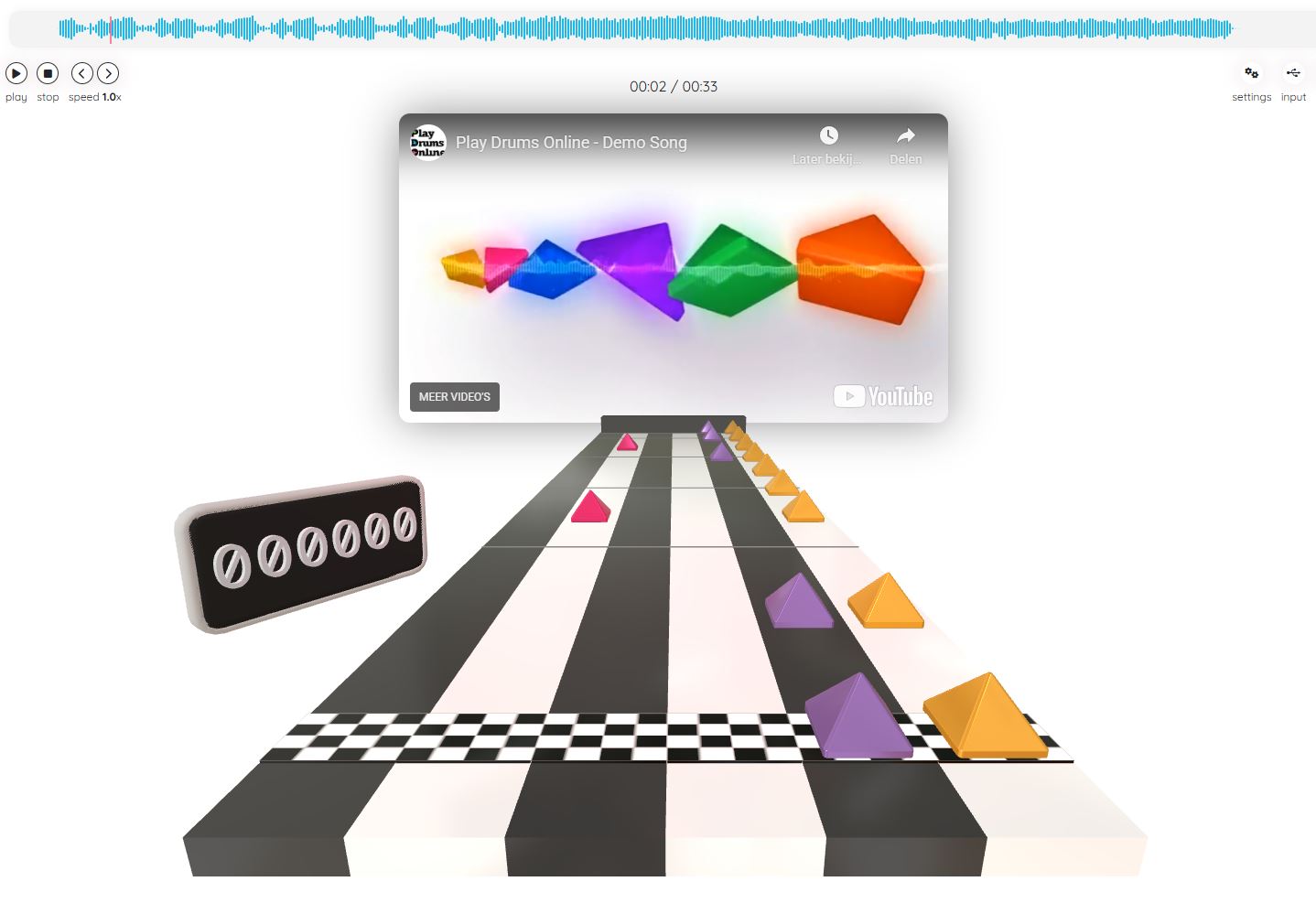 Rhythm game interface showing colored lanes for different drum pieces